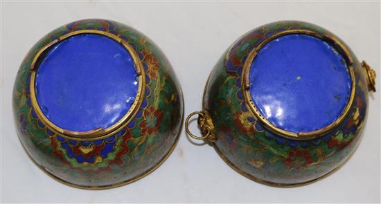 A pair of Chinese cloisonné enamel bowls and covers, first half 19th century, diameter 13.5cm, some losses